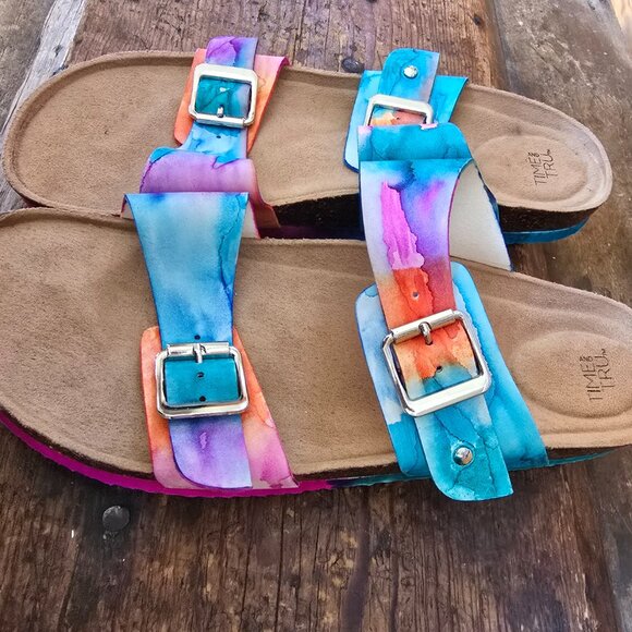 Never worn size 10 hand-colored tie-dye Birk-style sandals! - Picture 2 of 5